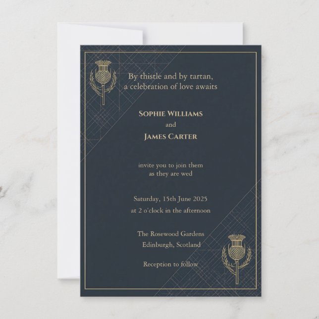 Scottish Thistle Tartan Navy Gold Wedding Invite (Front)
