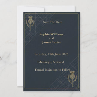 Scottish Thistle Tartan Navy Gold Wedding Save The Date