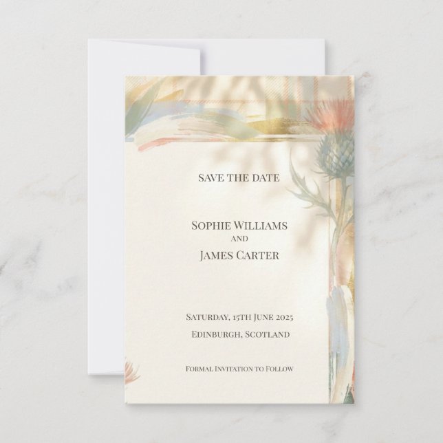 Scottish Thistle Tartan Save the Date | Gold Emble (Front)