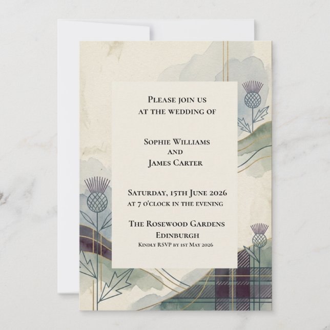 Scottish Thistle Tartan Wedding Invitation (Front)