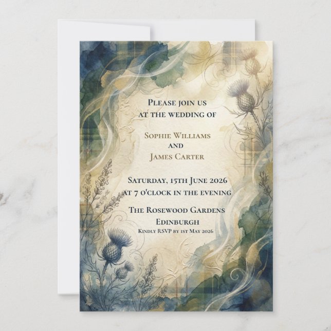 Scottish Thistle Tartan Wedding Invitation | Water (Front)