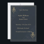 Scottish Thistle & Tartan Wedding Save The Date<br><div class="desc">Celebrate your wedding with timeless Scottish elegance. This regal Scottish wedding Save the Date Card features bold typography framed by golden thistles, Celtic-inspired detailing, and a deep navy background for a heritage look. Perfect for weddings in Scotland or for couples who wish to honour their roots, this design blends tradition...</div>
