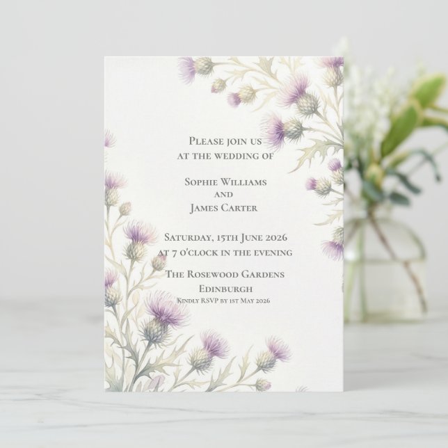 Scottish Thistle Wildflower Border Wedding Invitation (Standing Front)
