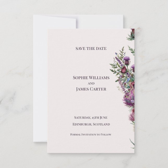 Scottish Thistle Wildflower Bouquet Wedding Save The Date (Front)