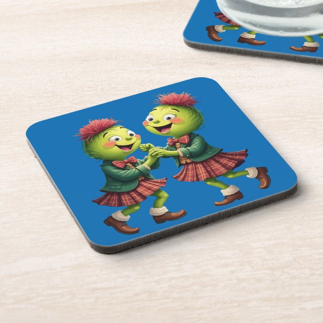Scottish Thistles Wearing Plaid Dancing Ceilidh Coaster (Left Side)