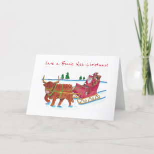 Scottish with Highland Cow pulling sleigh Holiday Card