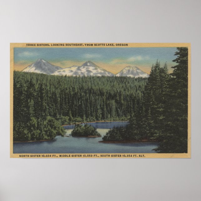Scotts Lake, Oregon - View of Three Sisters Poster (Front)