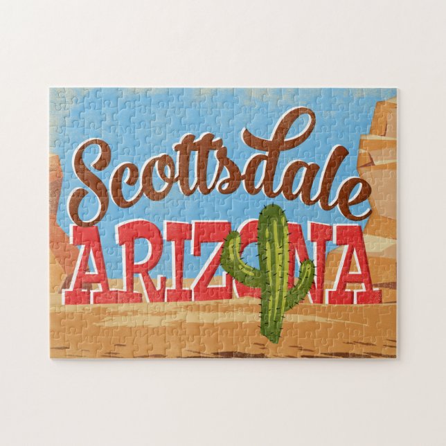 Scottsdale Arizona Cartoon Desert Vintage Travel Jigsaw Puzzle (Horizontal)