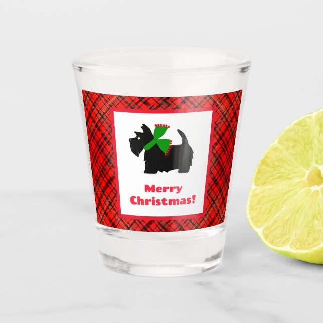 Scotty Dog and Tartan Merry Christmas Shot Glass (Front)
