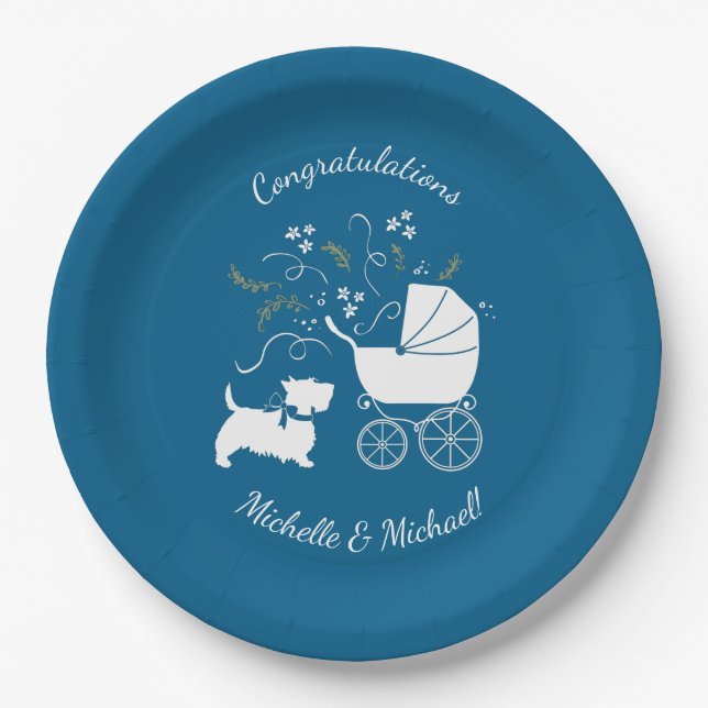 Scotty Dog Baby Shower Scottish Terrier Blue Paper Plate (Front)