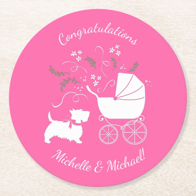 Scotty Dog Baby Shower Scottish Terrier Pink Round Paper Coaster (Front)