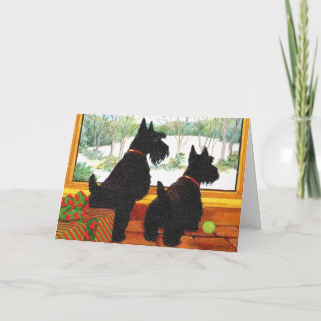 Scotty Dogs At Christmas - Waiting For Santa Holiday Card (Front)