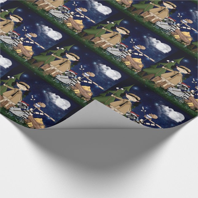 Scout Girl Cartoon Woodland Animals by Campfire Wrapping Paper (Corner)