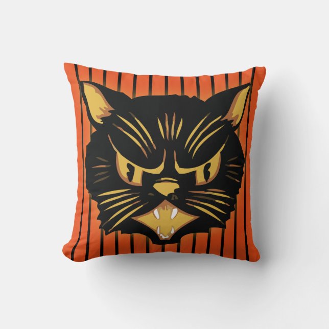 Scowling Black Cat With Black and Orange Stripe Cushion (Front)