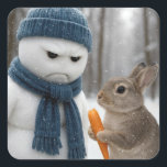Scowling Christmas Snowman With a Bunny Square Sticker<br><div class="desc">A grumpy snowman wearing a blue hat and scarf stands in a snowy forest as a rabbit holds a carrot beside it,  with snow gently falling around them</div>