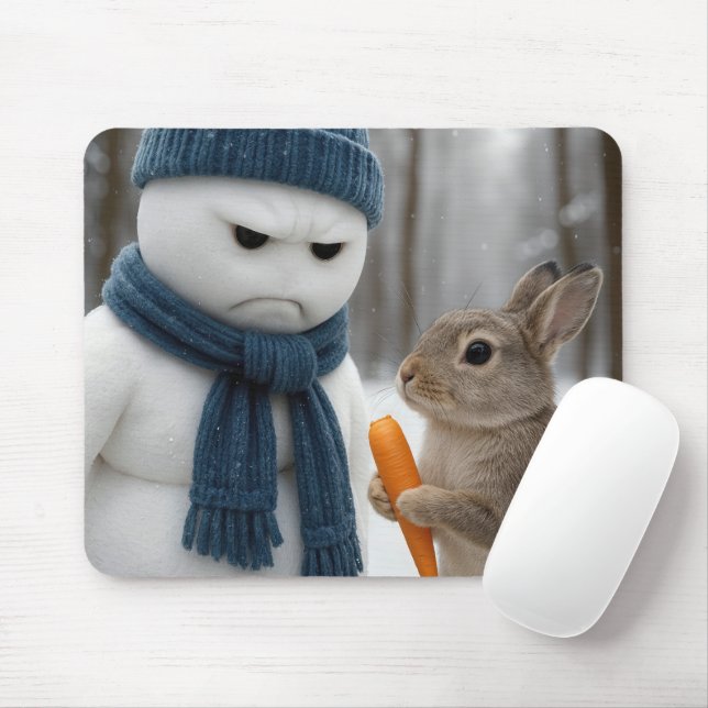 Scowling Snowman With a Bunny Mouse Mat (With Mouse)