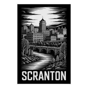 Scranton Pennsylvania Skyline Black White Woodcut Poster