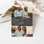 Scrapbook | Two Photo Save The Date<br><div class="desc">A unique save the date design featuring two horizontal or portrait orientated photos, aligned at the top and bottom bisected by a deep grey element with a "torn" look. "Save the Date" appears in real foil handwritten script lettering, with your names, wedding date, and location alongside. Personalise the back with...</div>