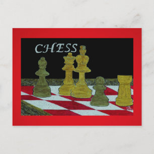 Scratchboard Art of King and Queen Chess Players Postcard