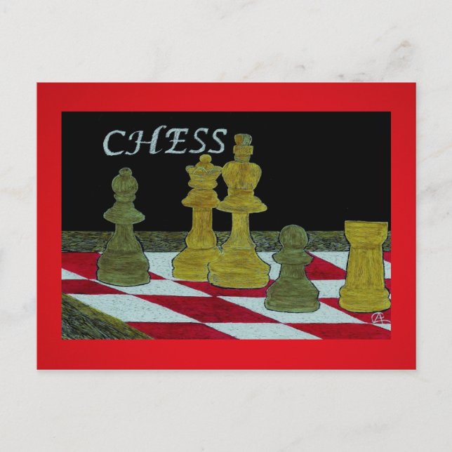 Scratchboard Art of King and Queen Chess Players Postcard (Front)