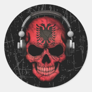 Scratched Albanian Dj Skull with Headphones Classic Round Sticker