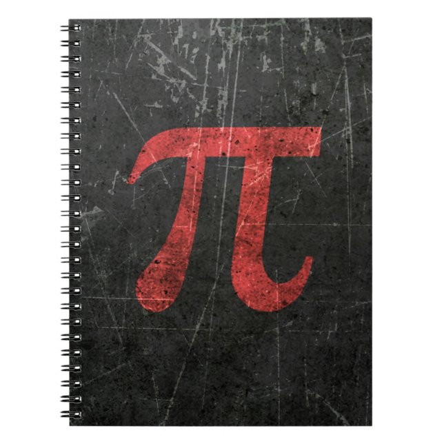 Scratched and Aged Red Pi Math Symbol on Black Notebook (Front)