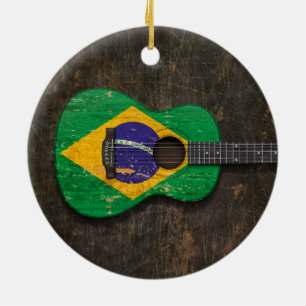 Scratched and Worn Brazilian Flag Acoustic Guitar Ceramic Tree Decoration