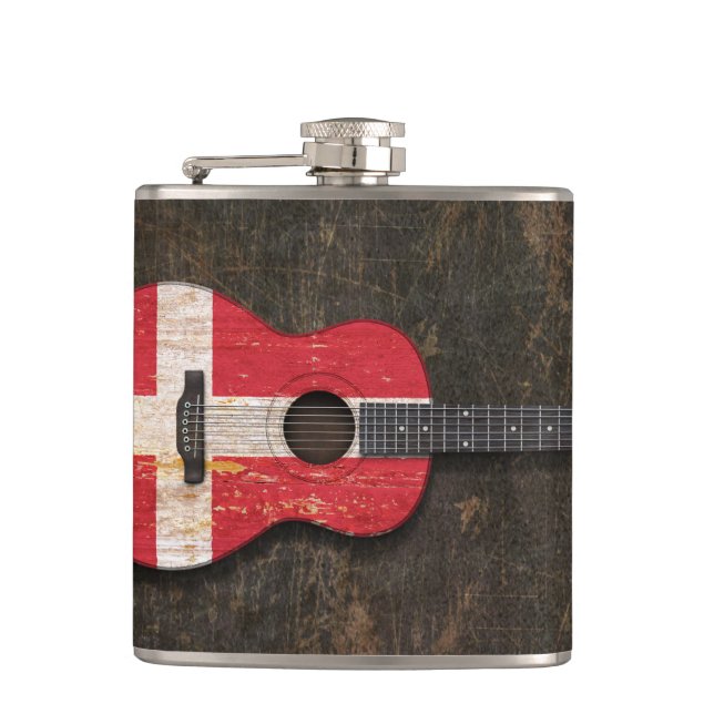 Scratched and Worn Danish Flag Acoustic Guitar Hip Flask (Front)