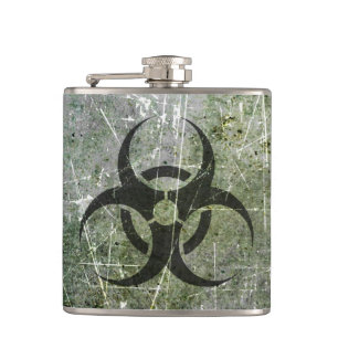 Scratched and Worn Grey and Black Biohazard Symbol Hip Flask