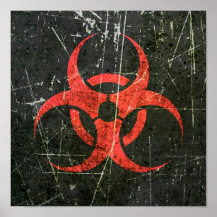 Scratched and Worn Red Biohazard Symbol Poster