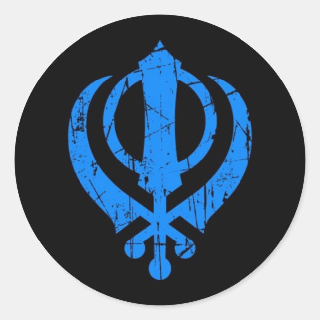 Scratched Blue Sikh Khanda Symbol on Black Classic Round Sticker (Front)