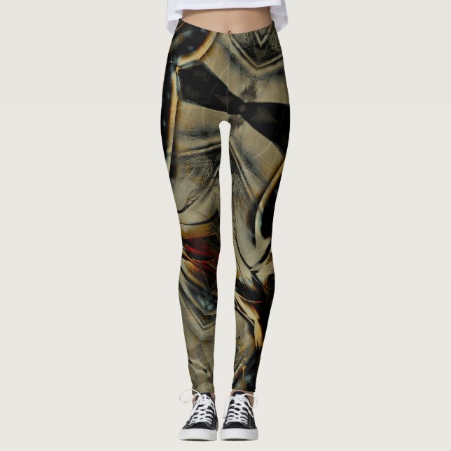 Scratched dark satin texture rumpled digital cloth leggings (Front)