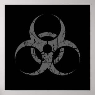 Scratched Grey Biohazard Symbol on Black Poster
