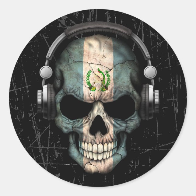 Scratched Guatemalan Dj Skull with Headphones Classic Round Sticker (Front)