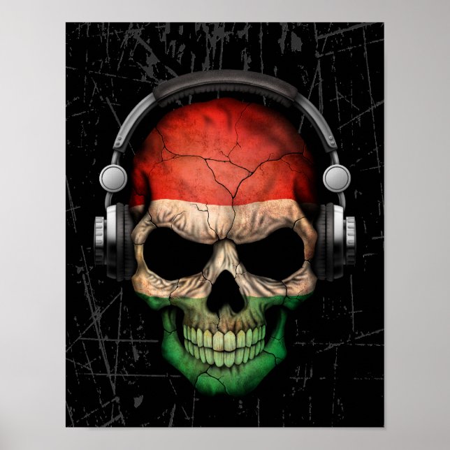 Scratched Hungarian Dj Skull with Headphones Poster (Front)