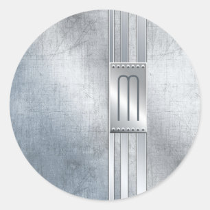 Scratched Metal Stripes Monogram Blue ID443 Classic Round Sticker