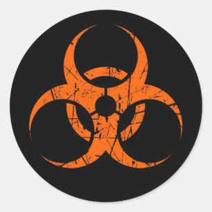 Scratched Orange Biohazard Symbol on Black Classic Round Sticker