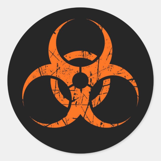 Scratched Orange Biohazard Symbol on Black Classic Round Sticker (Front)