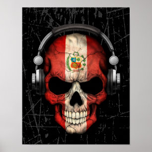 Scratched Peruvian Dj Skull with Headphones Poster