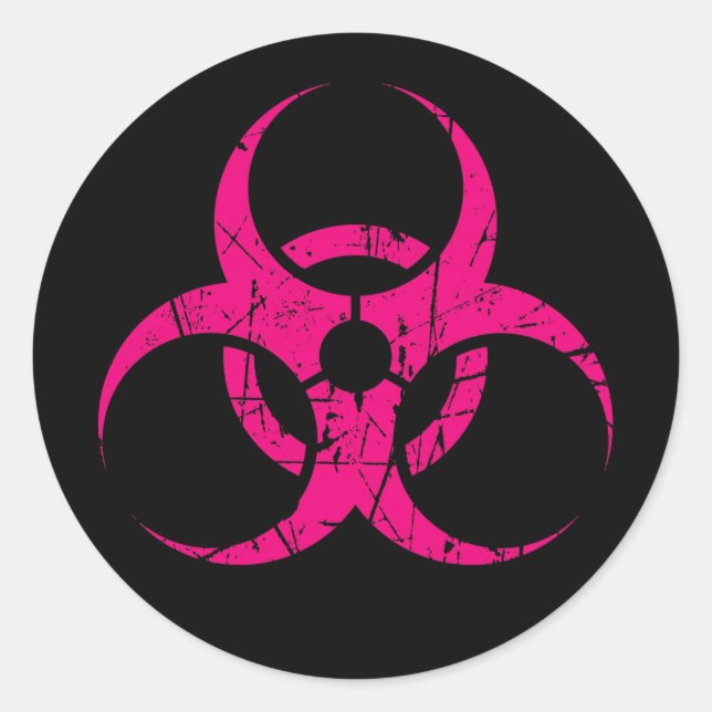 Scratched Pink Biohazard Symbol on Black Classic Round Sticker (Front)