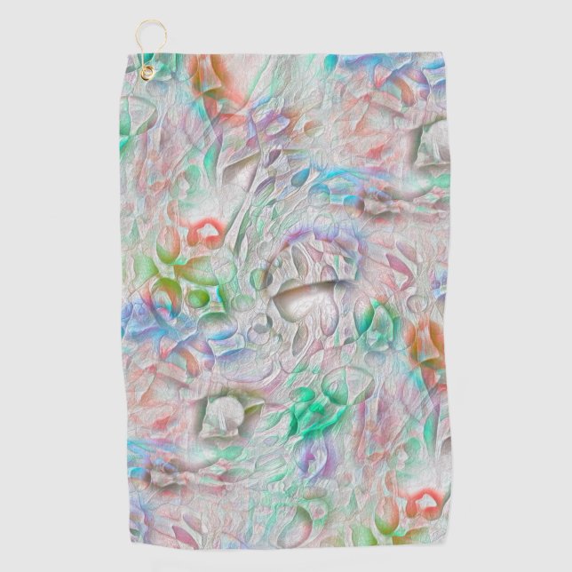 Scratched pixels in coloured texture over off-whit golf towel (Front)