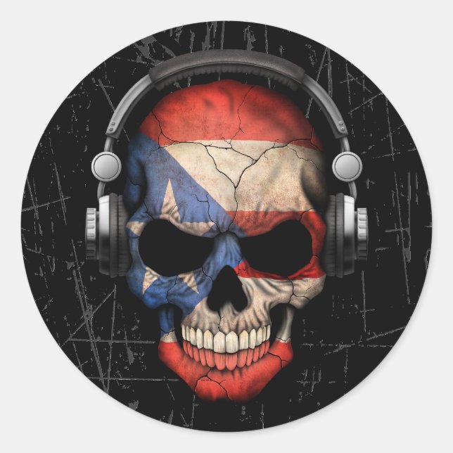 Scratched Puerto Rican Dj Skull with Headphones Classic Round Sticker (Front)