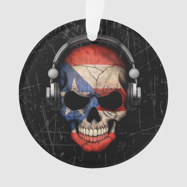 Scratched Puerto Rican Dj Skull with Headphones Ornament (Front)
