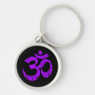 Scratched Purple Yoga Om Symbol on Black Key Ring