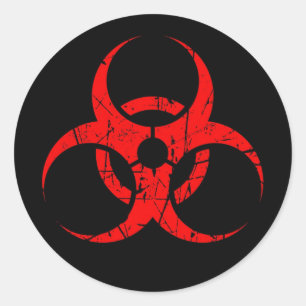 Scratched Red Biohazard Symbol on Black Classic Round Sticker