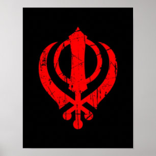 Scratched Red Sikh Khanda Symbol on Black Poster