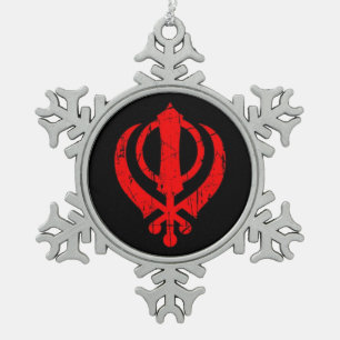 Scratched Red Sikh Khanda Symbol on Black Snowflake Pewter Christmas Ornament