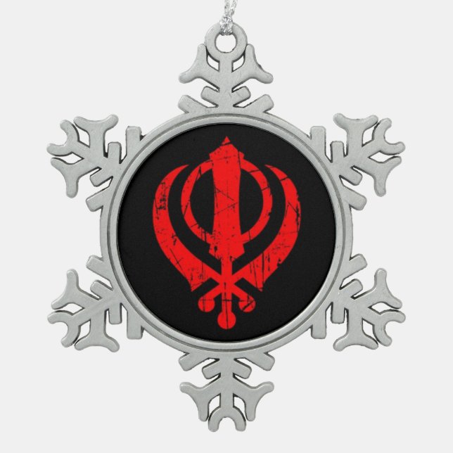 Scratched Red Sikh Khanda Symbol on Black Snowflake Pewter Christmas Ornament (Front)