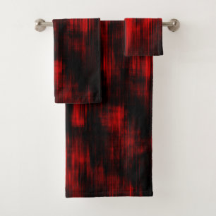 Scratched spots in bright red and black bath towel set