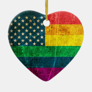 Scratched Vintage Gay Pride American Rainbow Flag Ceramic Tree Decoration